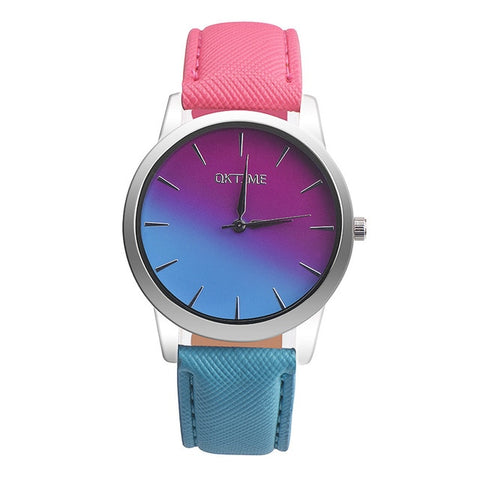 Retro Rainbow Design Leather Band Analog Alloy Quartz Wrist Watch Pretty Girl Wedding